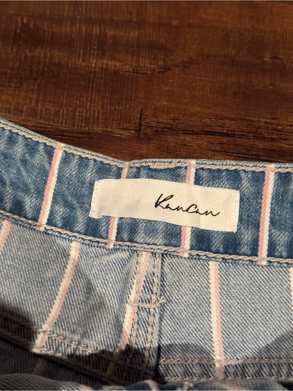 NWT KanCan High Waisted Denim Shorts Light Blue Wash Pink / White Pinstripes - Picture 3 of 5